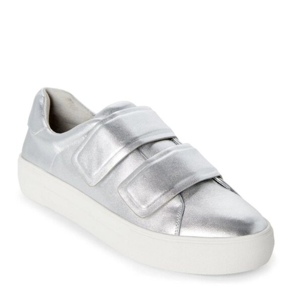 J Slides Adelynn Leather Platform Sneakers Metalic Silver Velcro White Shoes 7.5 - Picture 1 of 16